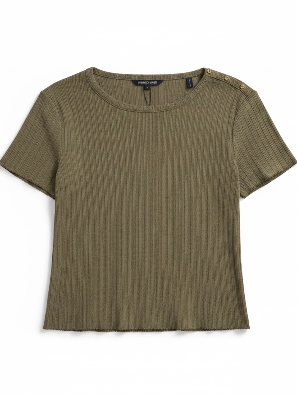 Veronica Beard  Stone Army Ribbed Draya Tee with Shoulder Buttons